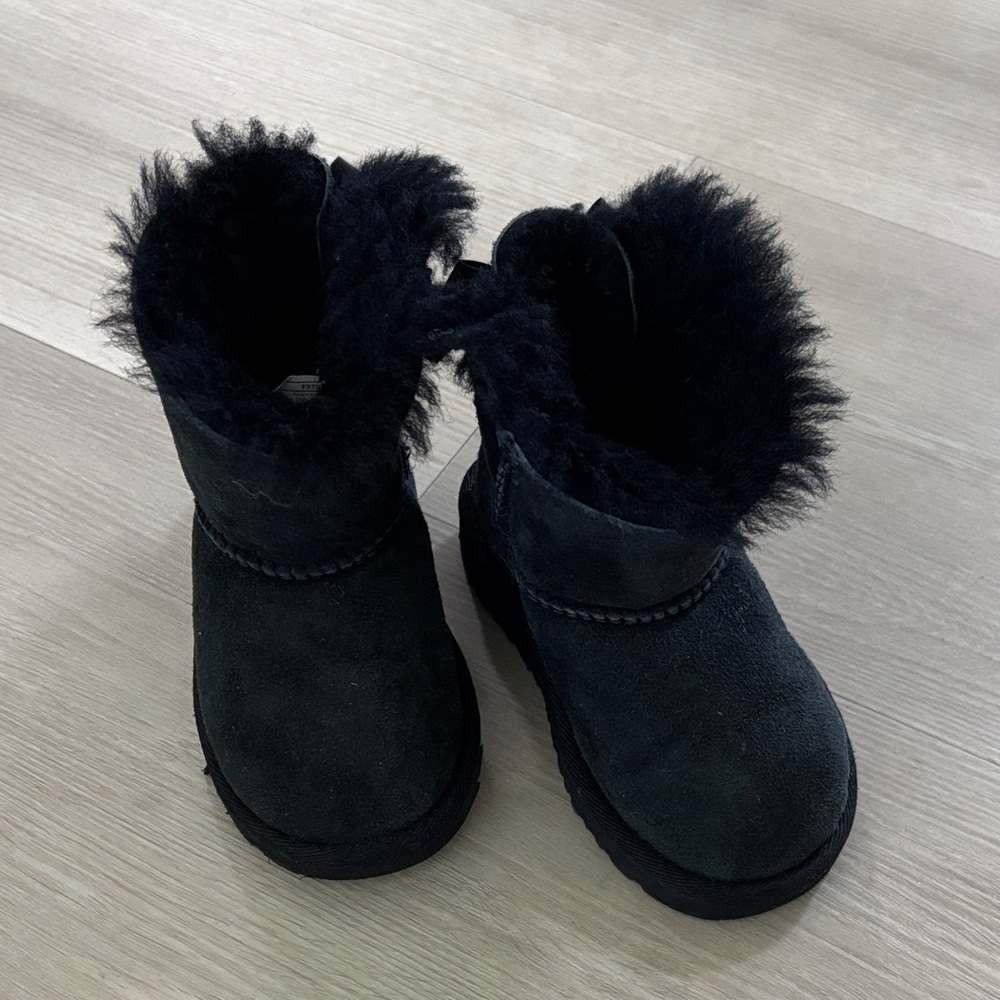 Kids UGG Black Boots with Fur Trim and Ribbon